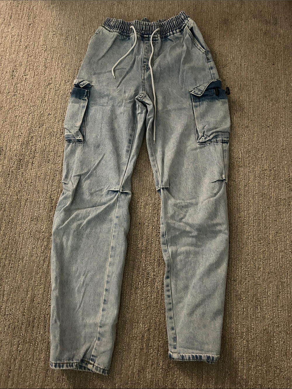 Women's Light Wash Cargo Denim Jeans - Casual Drawstring Waist